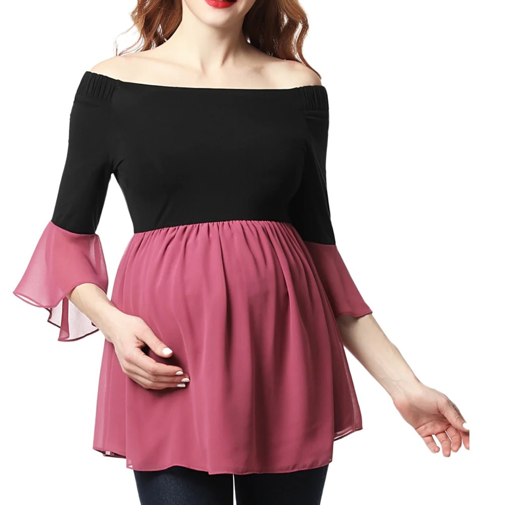 NWT Kimi + Kai Maternity "Kylie" Off the Shoulder Color Block Top